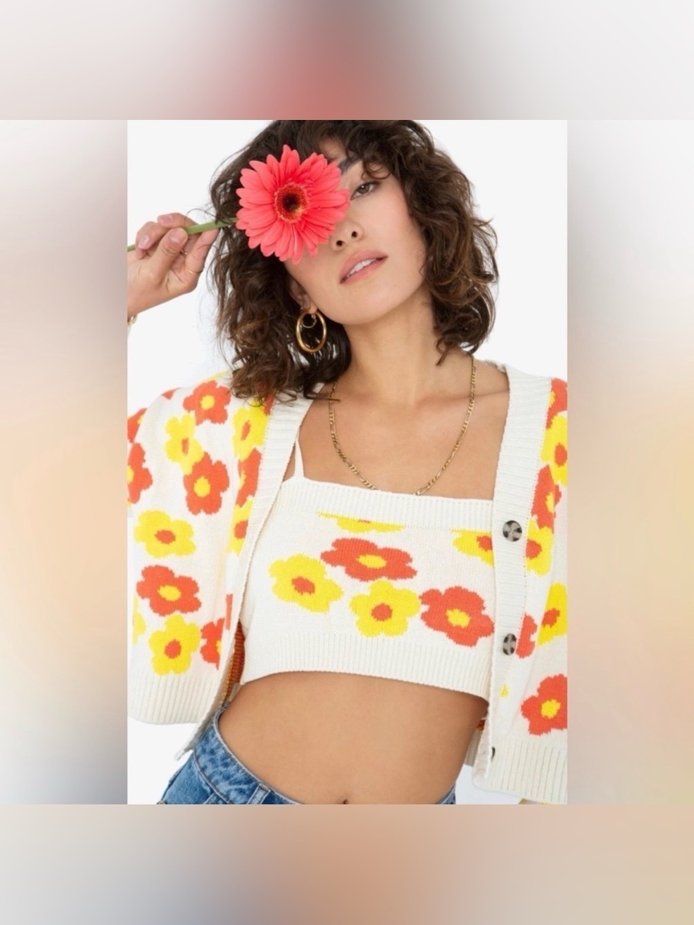 Revolve Callahan Cropped Knit Cream Floral Sweater Size XS